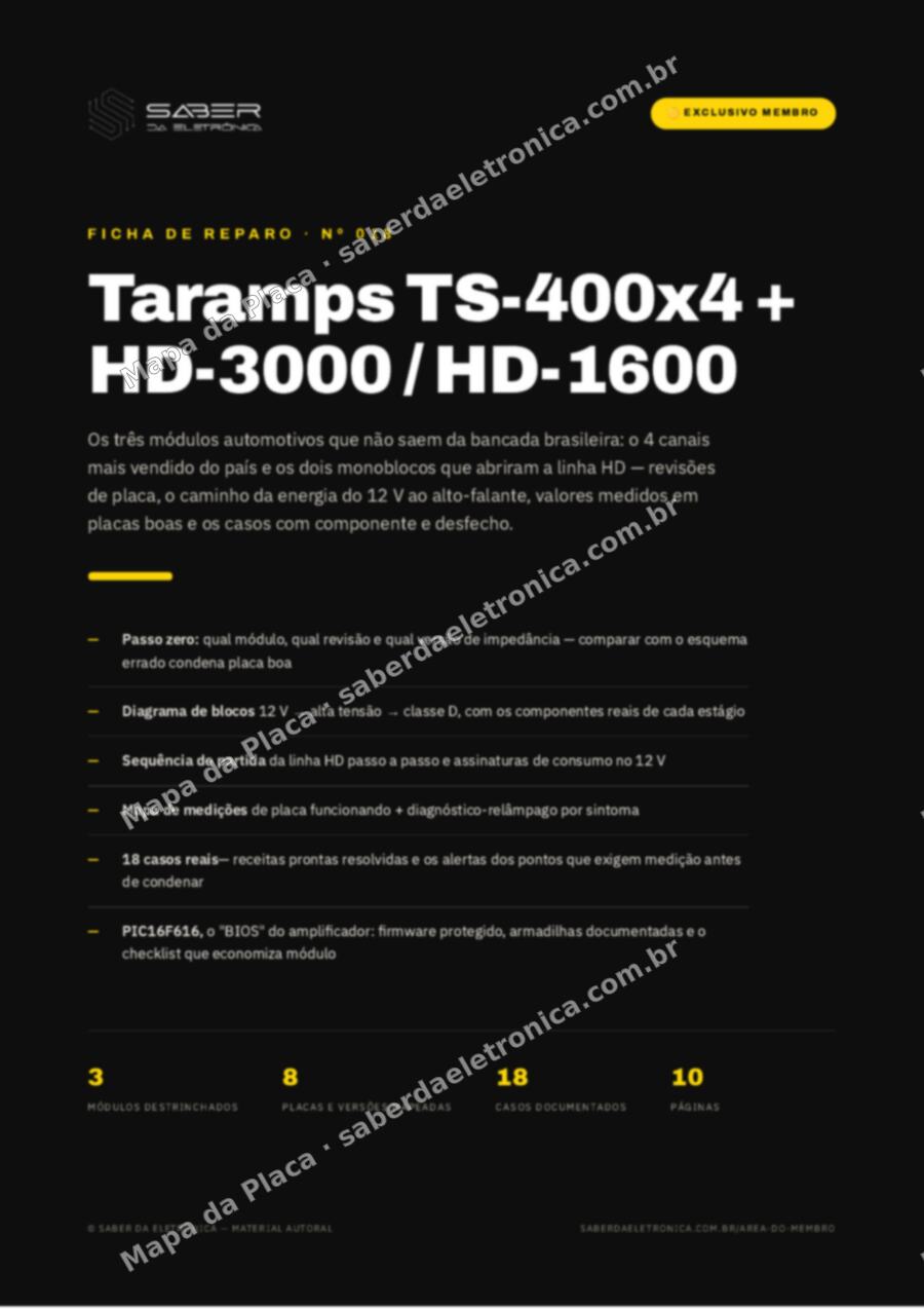 Capa da Ficha de Reparo Nº 018: Taramps TS-400×4 + HD-3000 / HD-1600 — Ficha de Reparo da placa