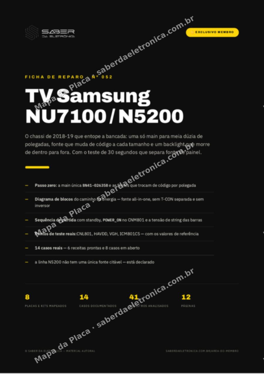 Capa da Ficha de Reparo Nº 052: TV Samsung NU7100 / N5200 (2018-19) — Ficha de Reparo da placa