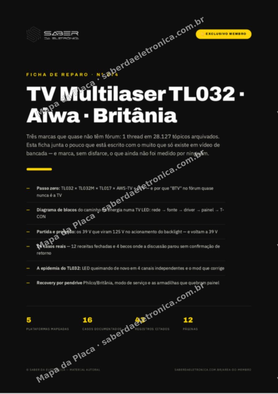 Capa da Ficha de Reparo Nº 074: TV Multilaser TL032 · Aiwa · Britânia — Ficha de Reparo da placa