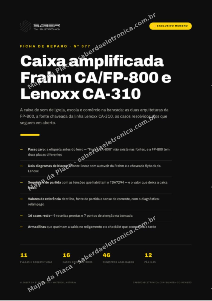 Capa da Ficha de Reparo Nº 077: Caixa amplificada Frahm CA/FP-800 e Lenoxx CA-310 — Ficha de Reparo da placa