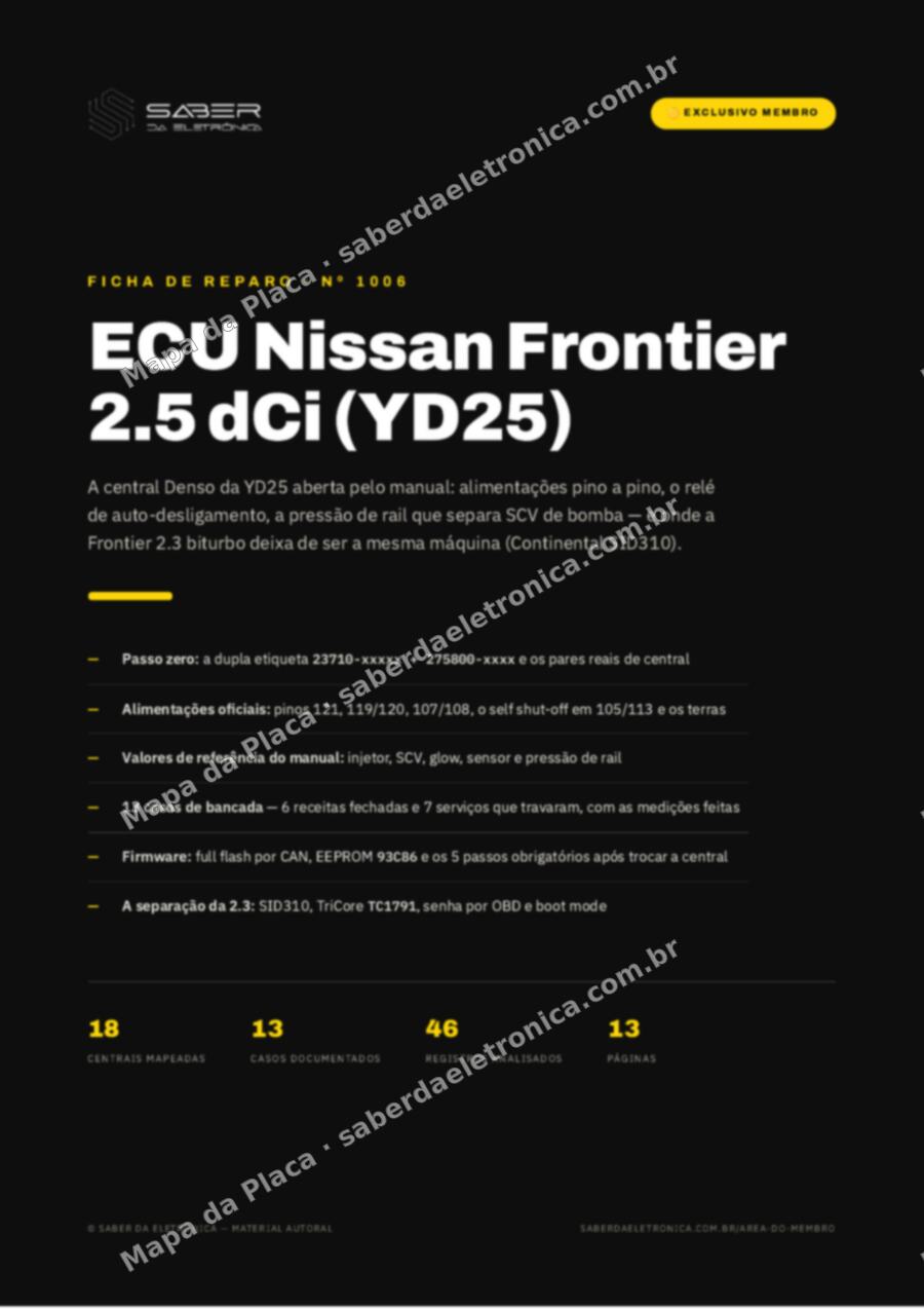 Capa da Ficha de Reparo Nº 1006: ECU Nissan Frontier 2.5 dCi (YD25) — central e a separação da 2.3 dCi — Ficha de Reparo da placa