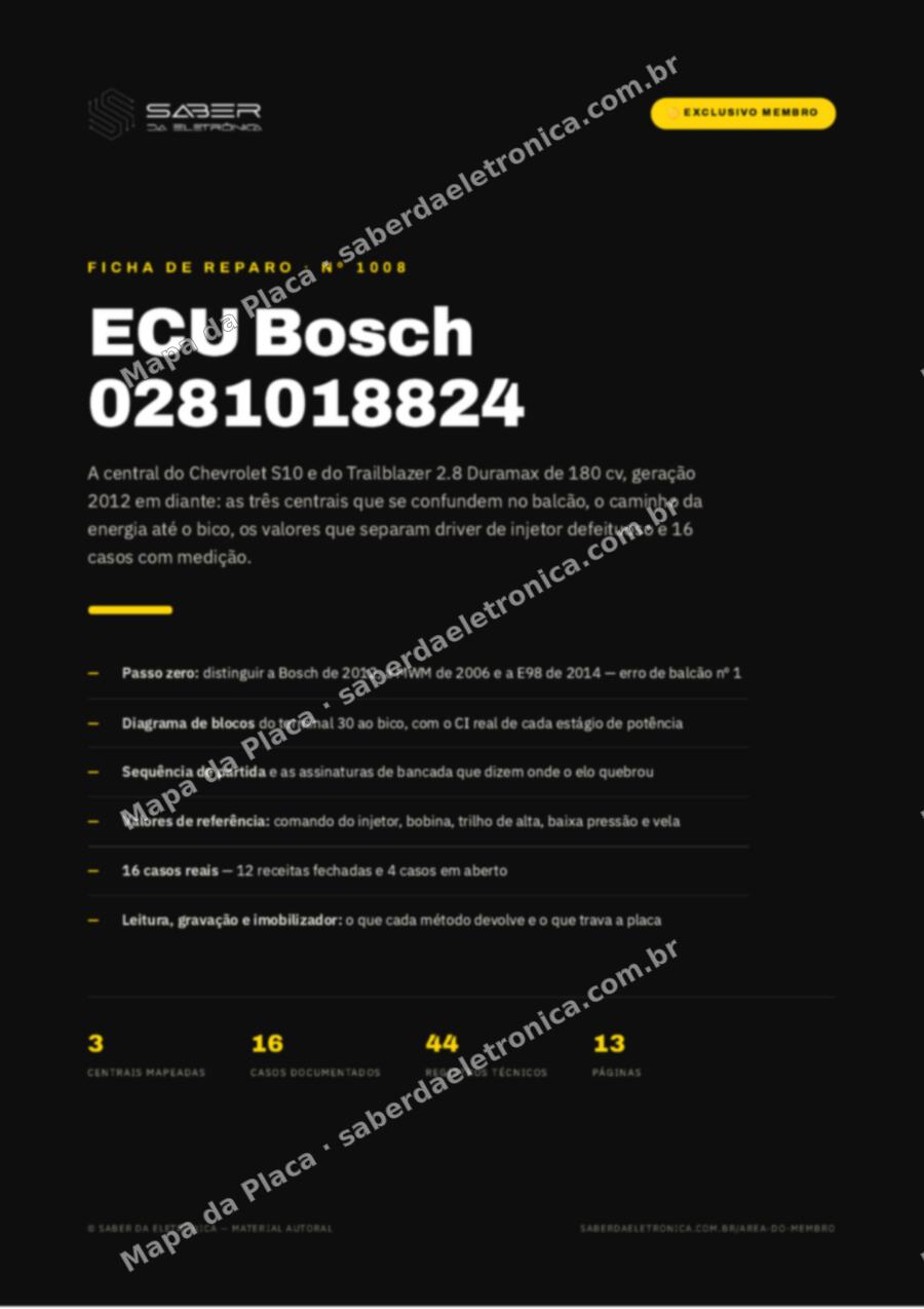Capa da Ficha de Reparo Nº 1008: ECU Bosch 0281018824 — Chevrolet S10 e Trailblazer 2.8 Duramax (geração 2012 em diante) — Ficha de Reparo da placa