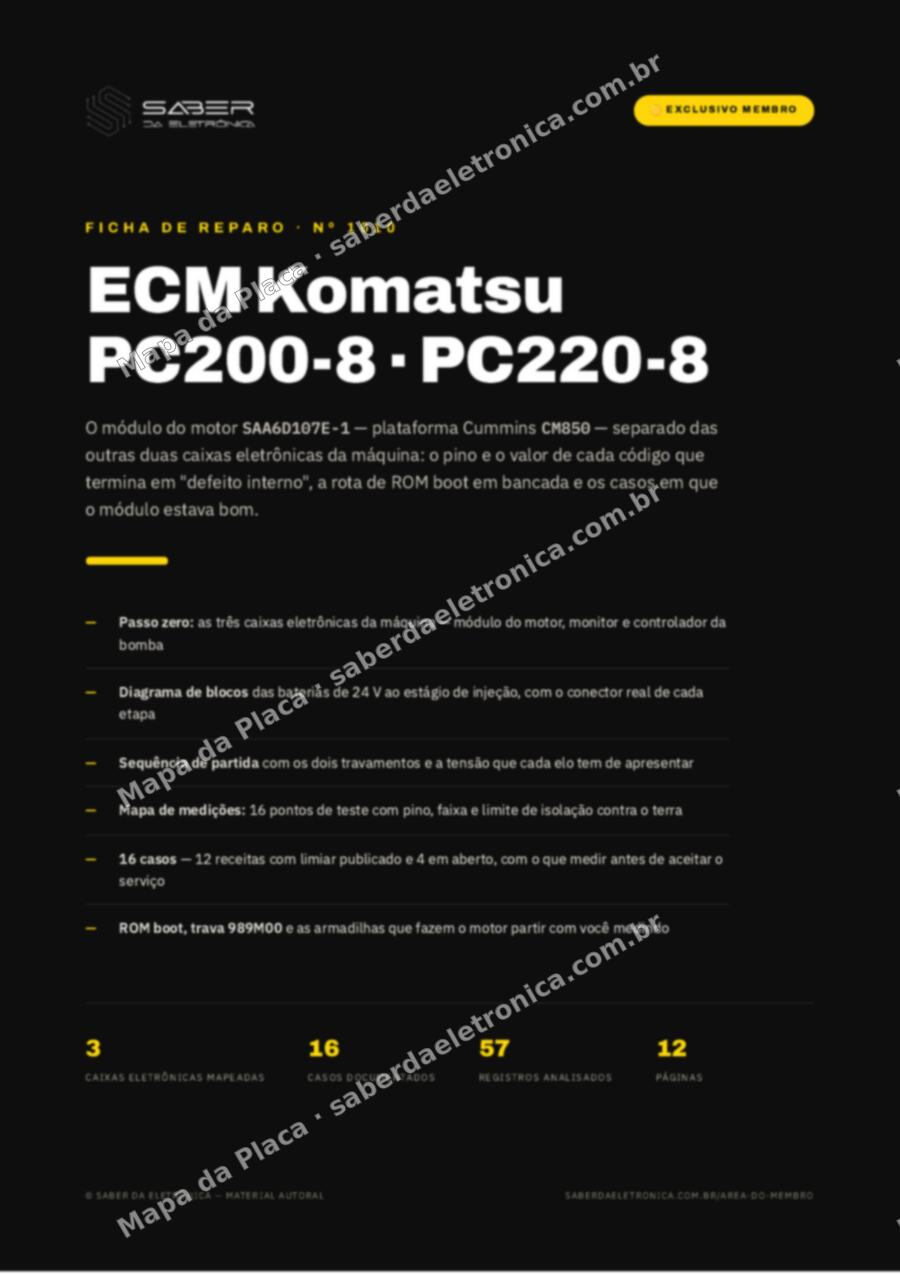 Capa da Ficha de Reparo Nº 1010: ECM de escavadeira Komatsu PC200-8 e PC220-8 — motor SAA6D107 (base Cummins QSB6.7) — Ficha de Reparo da placa