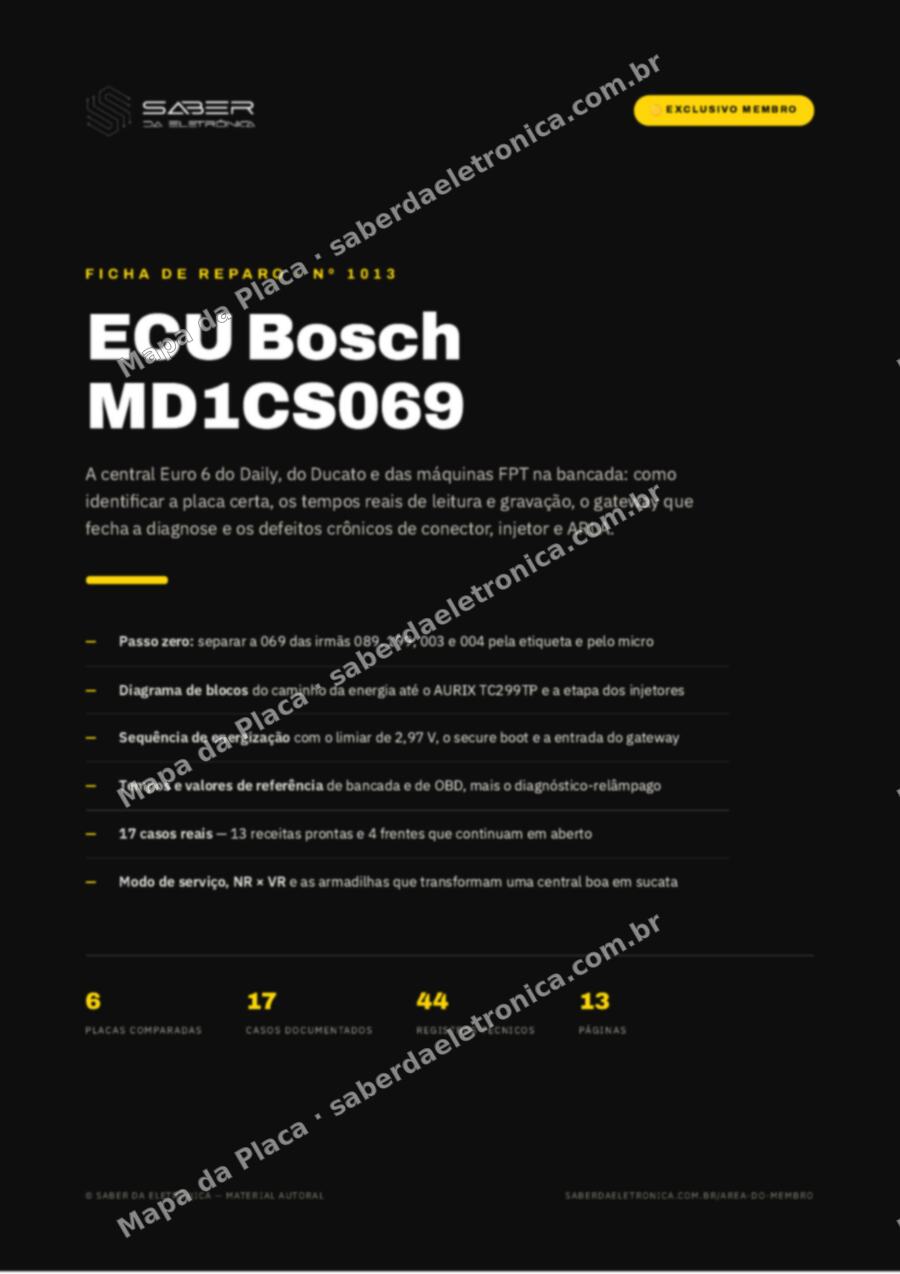 Capa da Ficha de Reparo Nº 1013: ECU Bosch MD1CS069 — a central Euro 6 na bancada (leitura, gravação e defeitos crônicos) — Ficha de Reparo da placa