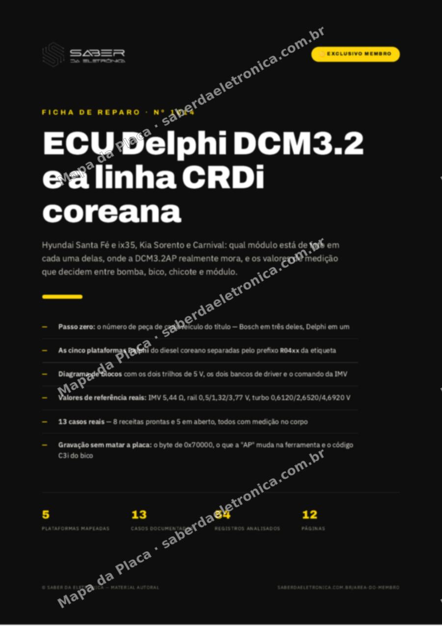 Capa da Ficha de Reparo Nº 1014: ECU Delphi DCM3.2 e a linha CRDi coreana — Hyundai Santa Fé e ix35, Kia Sorento e Carnival — Ficha de Reparo da placa
