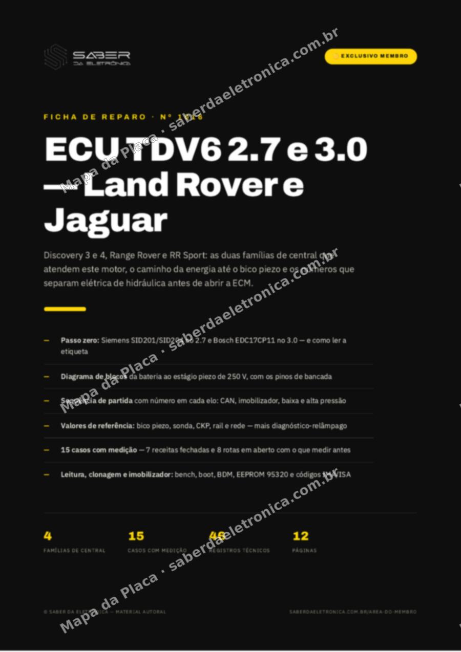 Capa da Ficha de Reparo Nº 1016: ECU Land Rover e Jaguar TDV6 2.7 e 3.0 — Discovery, Range Rover Sport e Defender — Ficha de Reparo da placa