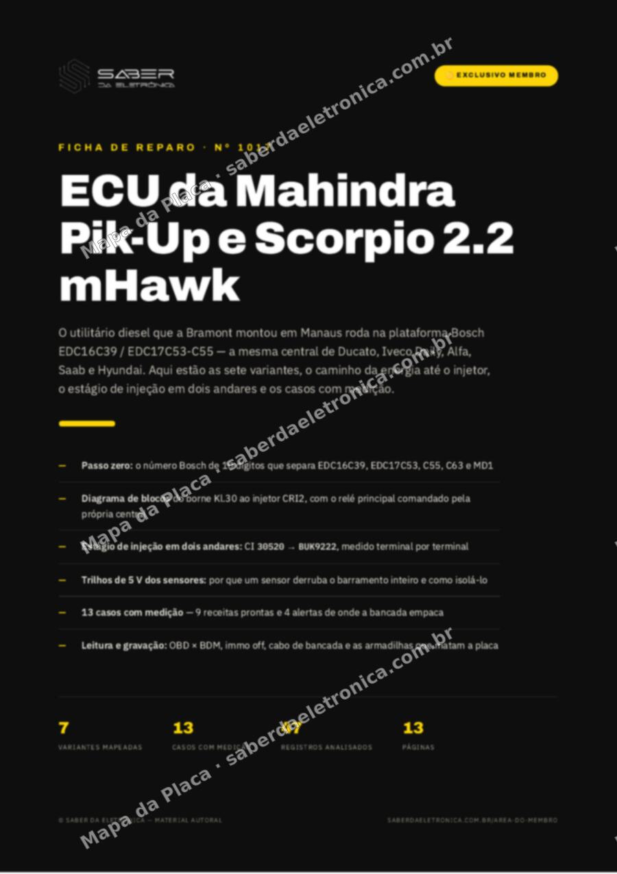 Capa da Ficha de Reparo Nº 1017: ECU da Mahindra Pik-Up e Scorpio 2.2 mHawk — utilitário diesel montado no Brasil — Ficha de Reparo da placa