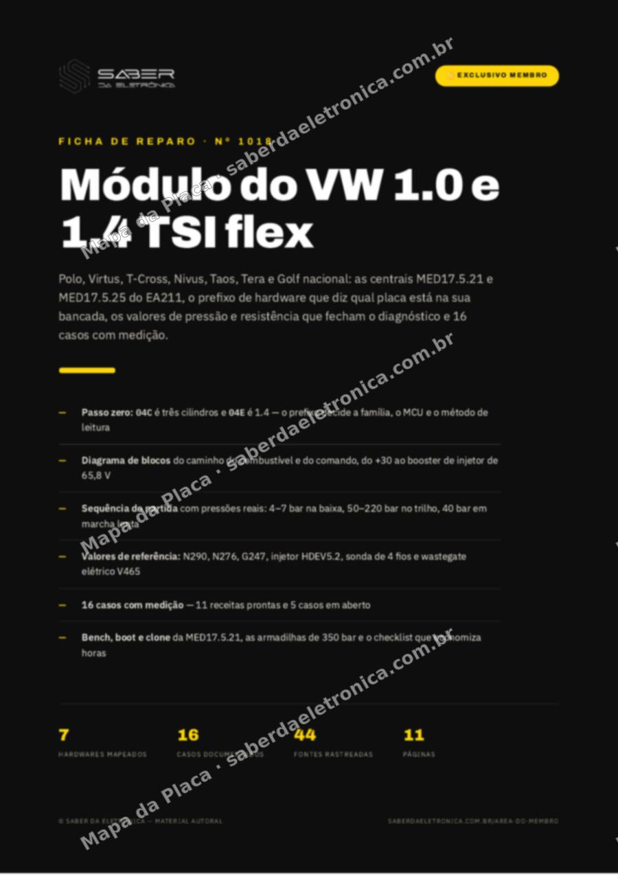 Capa da Ficha de Reparo Nº 1018: Módulo do VW 1.0 e 1.4 TSI flex — Polo, Virtus, T-Cross, Nivus, Taos e Golf nacional — Ficha de Reparo da placa