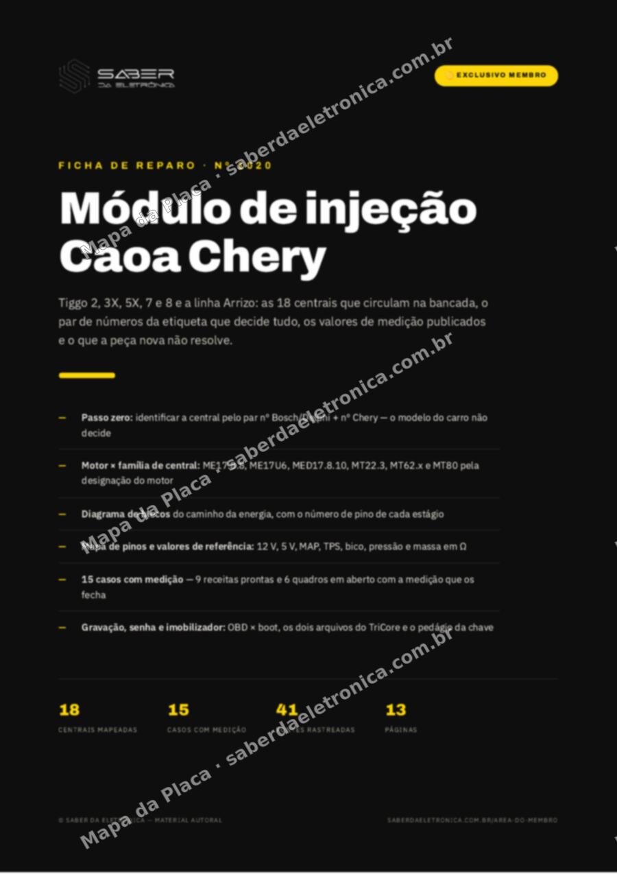 Capa da Ficha de Reparo Nº 1020: Módulo de injeção Caoa Chery — Tiggo 2, 3X, 5X, 7 e 8 e a linha Arrizo — Ficha de Reparo da placa