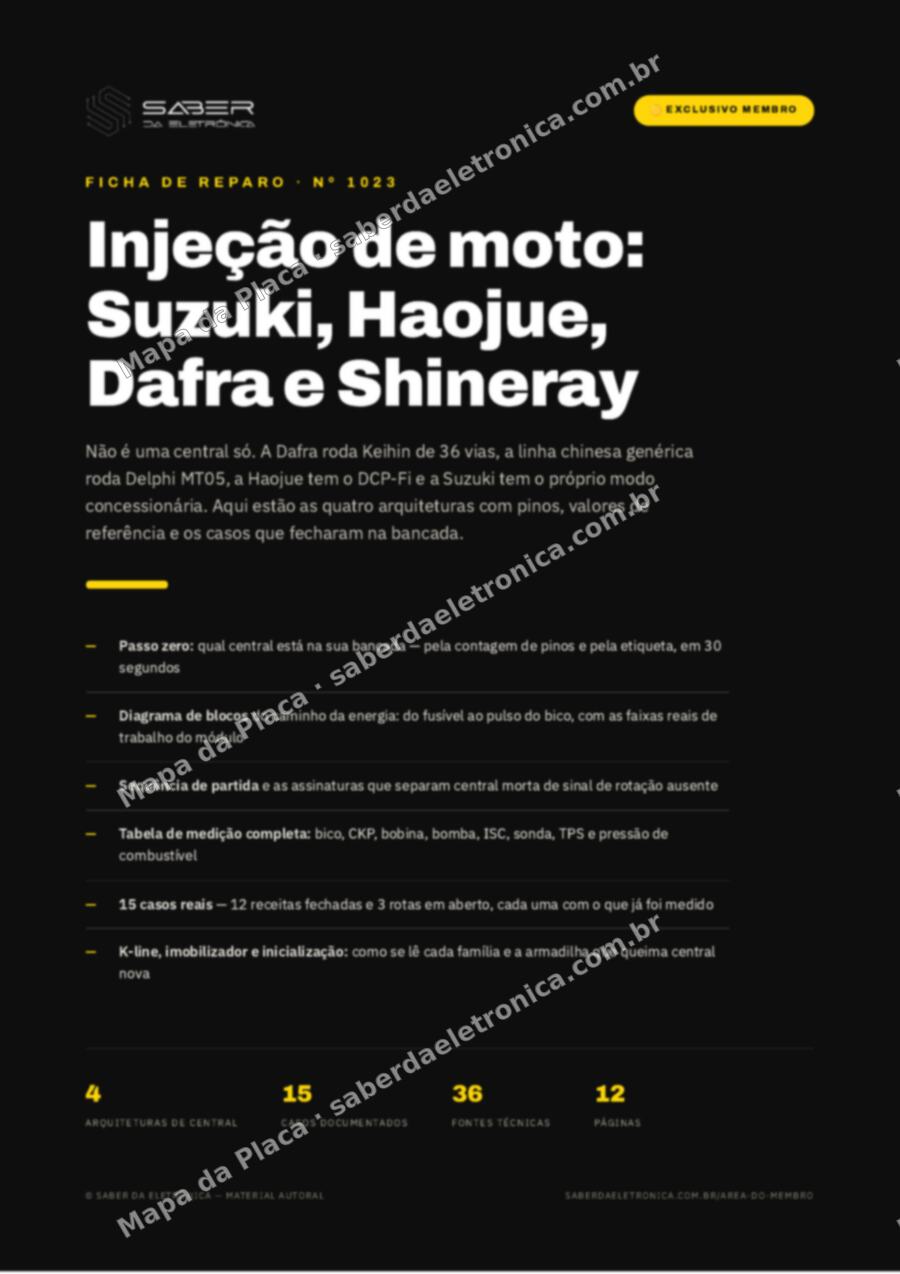 Capa da Ficha de Reparo Nº 1023: Módulo de injeção de motocicleta Suzuki, Haojue, Dafra e Shineray — linha chinesa nacionalizada — Ficha de Reparo da placa