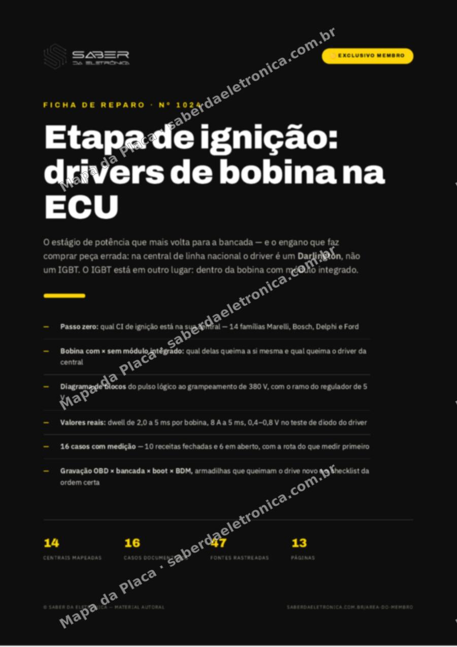 Capa da Ficha de Reparo Nº 1024: Etapa de ignição — drivers de bobina e IGBT na ECU e a bobina com módulo integrado — Ficha de Reparo da placa