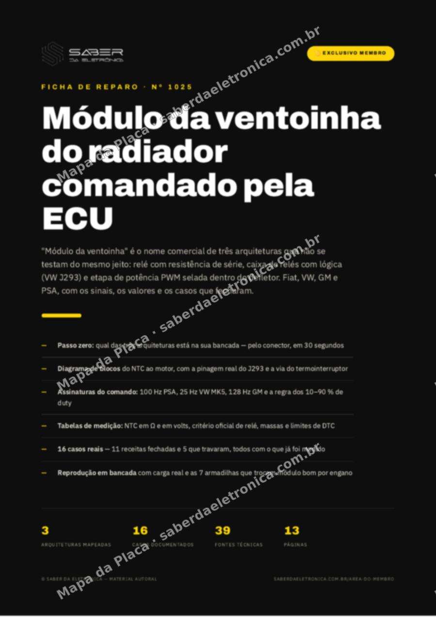 Capa da Ficha de Reparo Nº 1025: Módulo da ventoinha do radiador comandado pela ECU — Fiat, VW, GM e PSA — Ficha de Reparo da placa