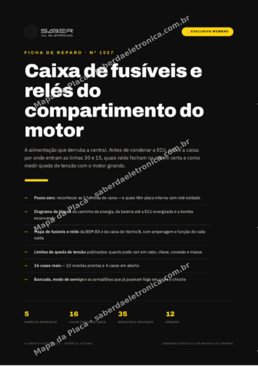 Capa da Ficha de Reparo Nº 1027: Caixa de fusíveis e relés do compartimento do motor — a alimentação que derruba a central — Ficha de Reparo da placa