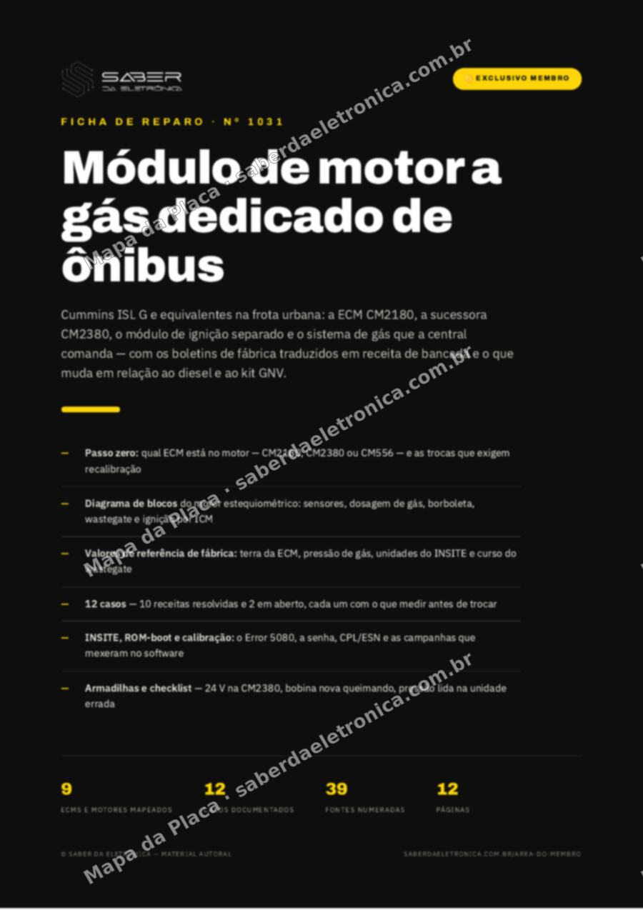 Capa da Ficha de Reparo Nº 1031: Módulo de motor a gás dedicado de ônibus — Cummins ISL G e equivalentes na frota urbana — Ficha de Reparo da placa