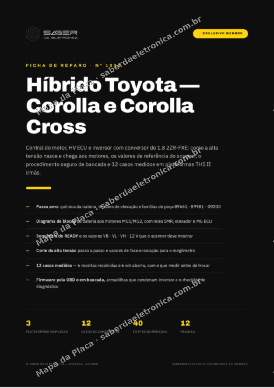 Capa da Ficha de Reparo Nº 1032: Módulos do híbrido Toyota — central do motor, ECU de alta tensão e inversor no Corolla e Corolla Cross — Ficha de Reparo da placa