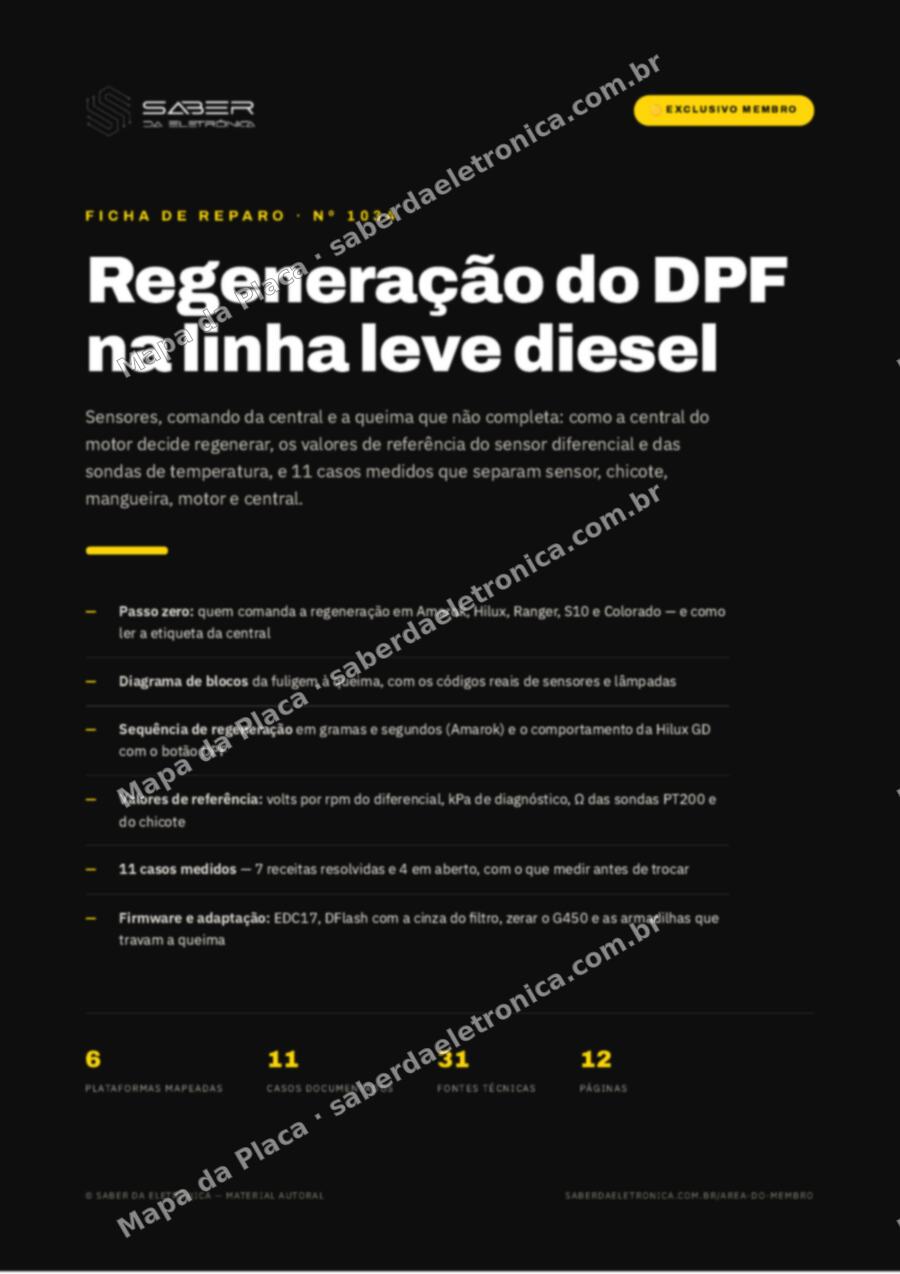 Capa da Ficha de Reparo Nº 1034: Regeneração do filtro de partículas na linha leve diesel — sensores, comando da central e a queima que não completa — Ficha de Reparo da placa