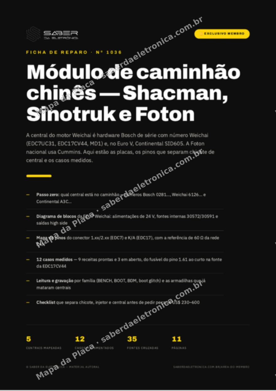 Capa da Ficha de Reparo Nº 1036: Módulo de caminhão chinês — Shacman, Sinotruk e Foton com motor Weichai e Cummins — Ficha de Reparo da placa