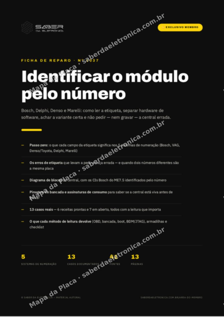 Capa da Ficha de Reparo Nº 1037: Identificar o módulo pelo número — Bosch, Delphi, Denso e Marelli e a variante certa — Ficha de Reparo da placa