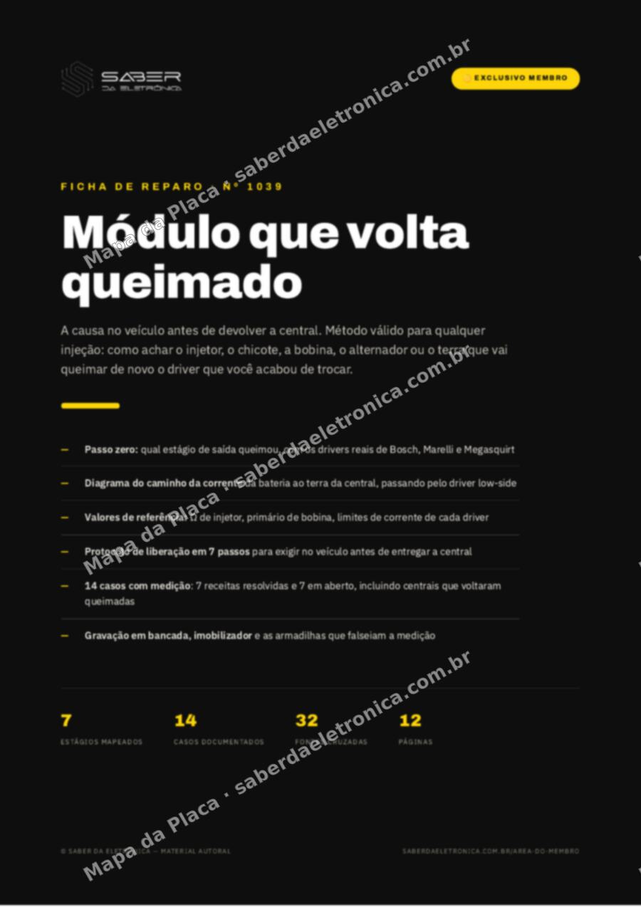 Capa da Ficha de Reparo Nº 1039: Módulo que volta queimado — a causa no veículo antes de devolver a central — Ficha de Reparo da placa