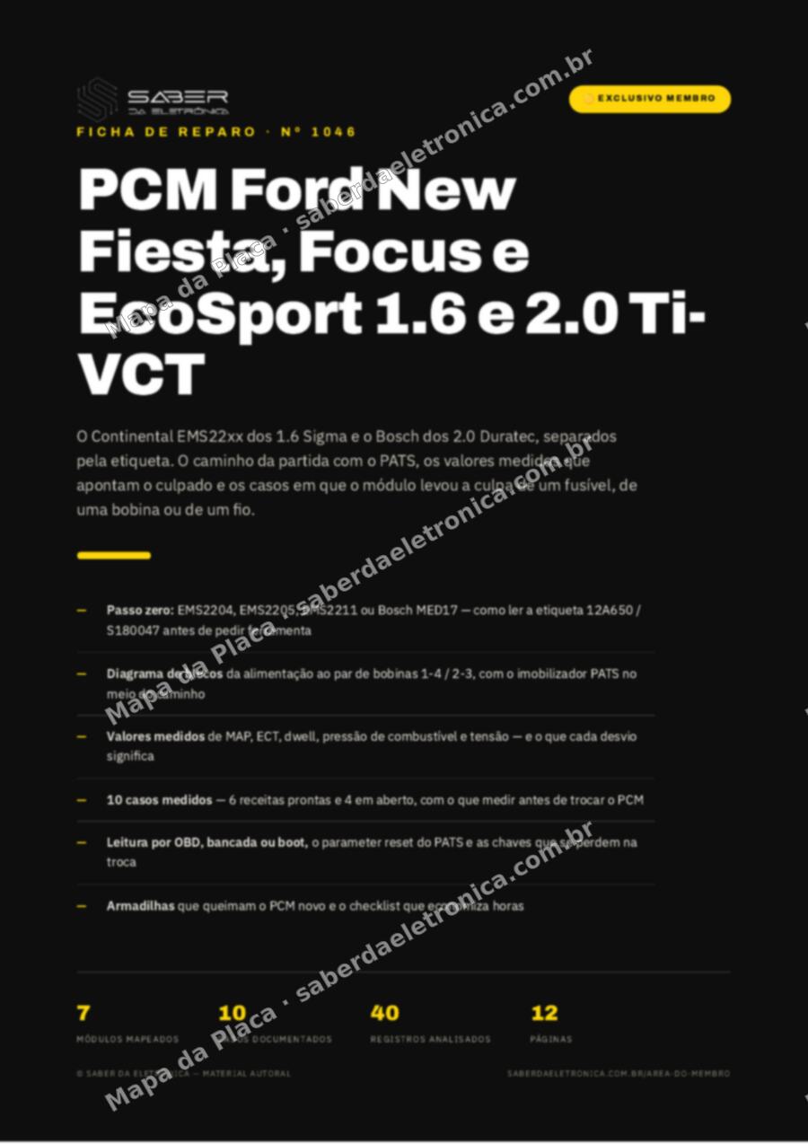 Capa da Ficha de Reparo Nº 1046: Módulo de injeção Ford New Fiesta, Focus e EcoSport 1.6 e 2.0 Ti-VCT — PCM Siemens/Continental — Ficha de Reparo da placa