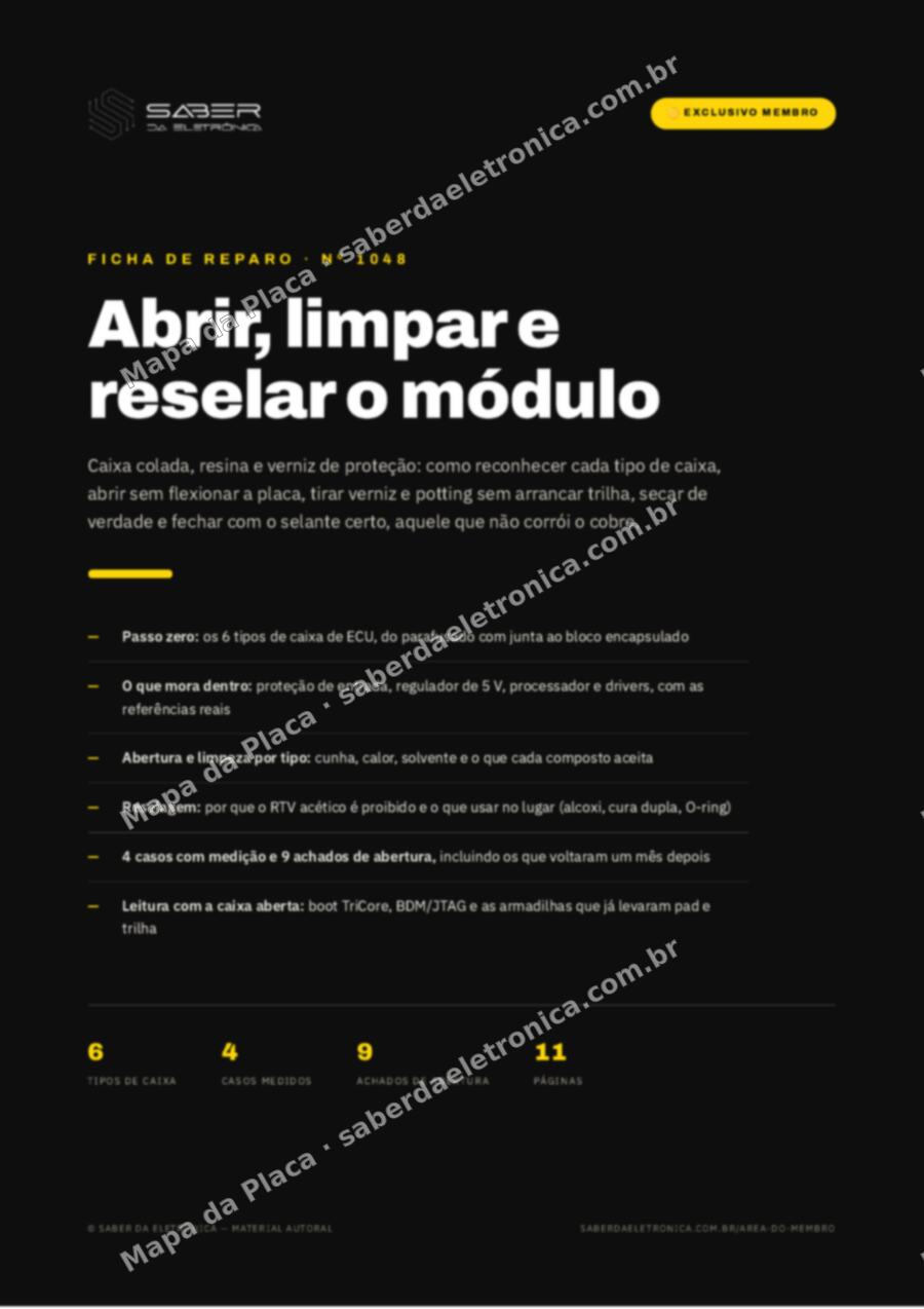 Capa da Ficha de Reparo Nº 1048: Abrir, limpar e reselar o módulo — caixa colada, resina e verniz de proteção — Ficha de Reparo da placa