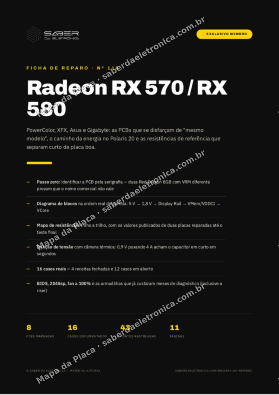 Capa da Ficha de Reparo Nº 110: Radeon RX 570 / RX 580 — PowerColor, XFX, Asus e Gigabyte — Ficha de Reparo da placa