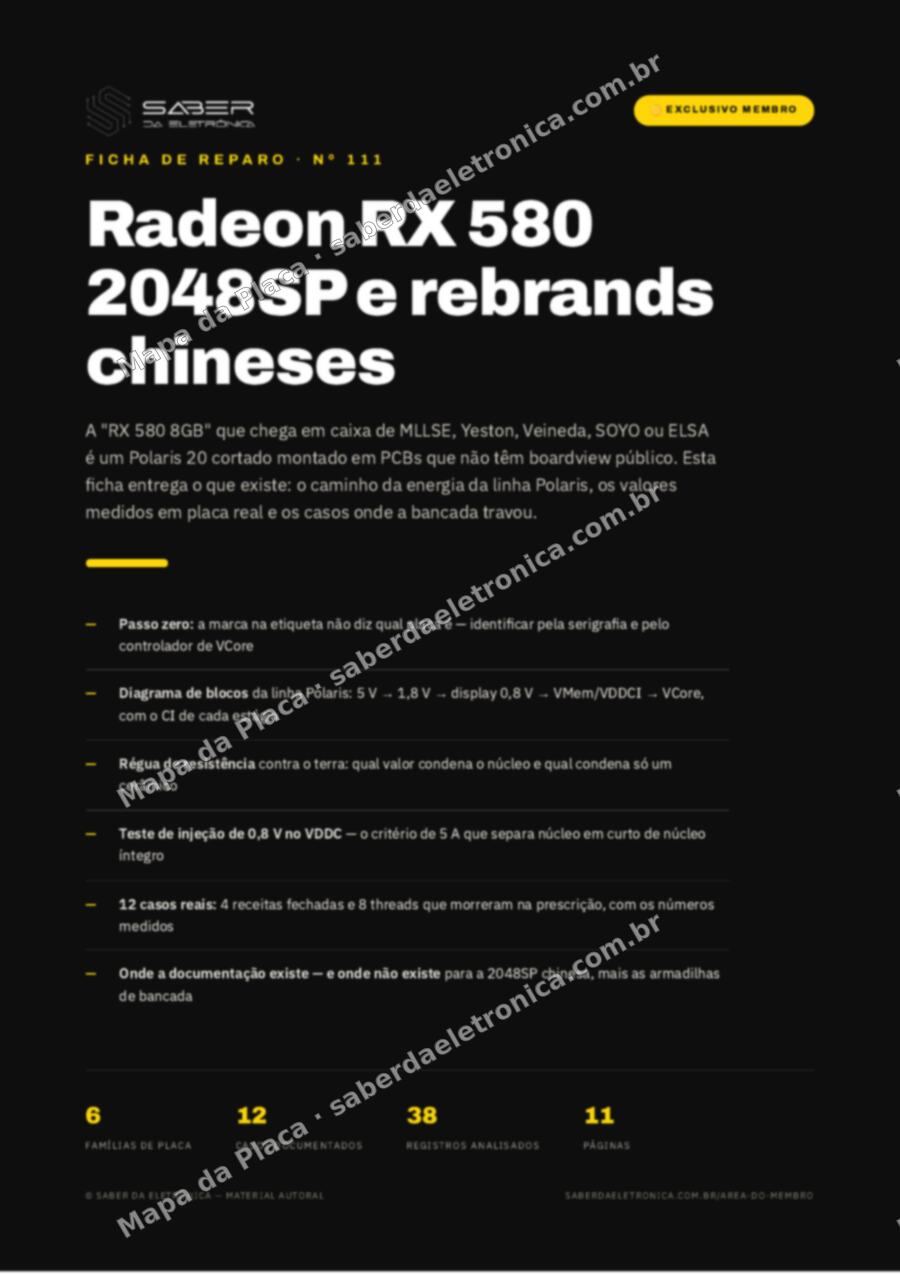 Capa da Ficha de Reparo Nº 111: Radeon RX 580 2048SP e rebrands chineses (MLLSE, Yeston) — Ficha de Reparo da placa