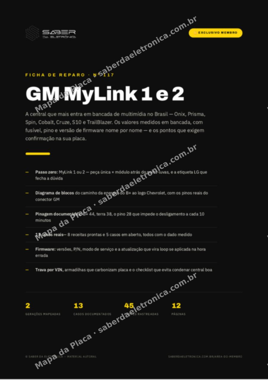 Capa da Ficha de Reparo Nº 117: GM MyLink 1 e 2 — Onix, Prisma, Spin, Cobalt, Cruze, S10 e TrailBlazer — Ficha de Reparo da placa