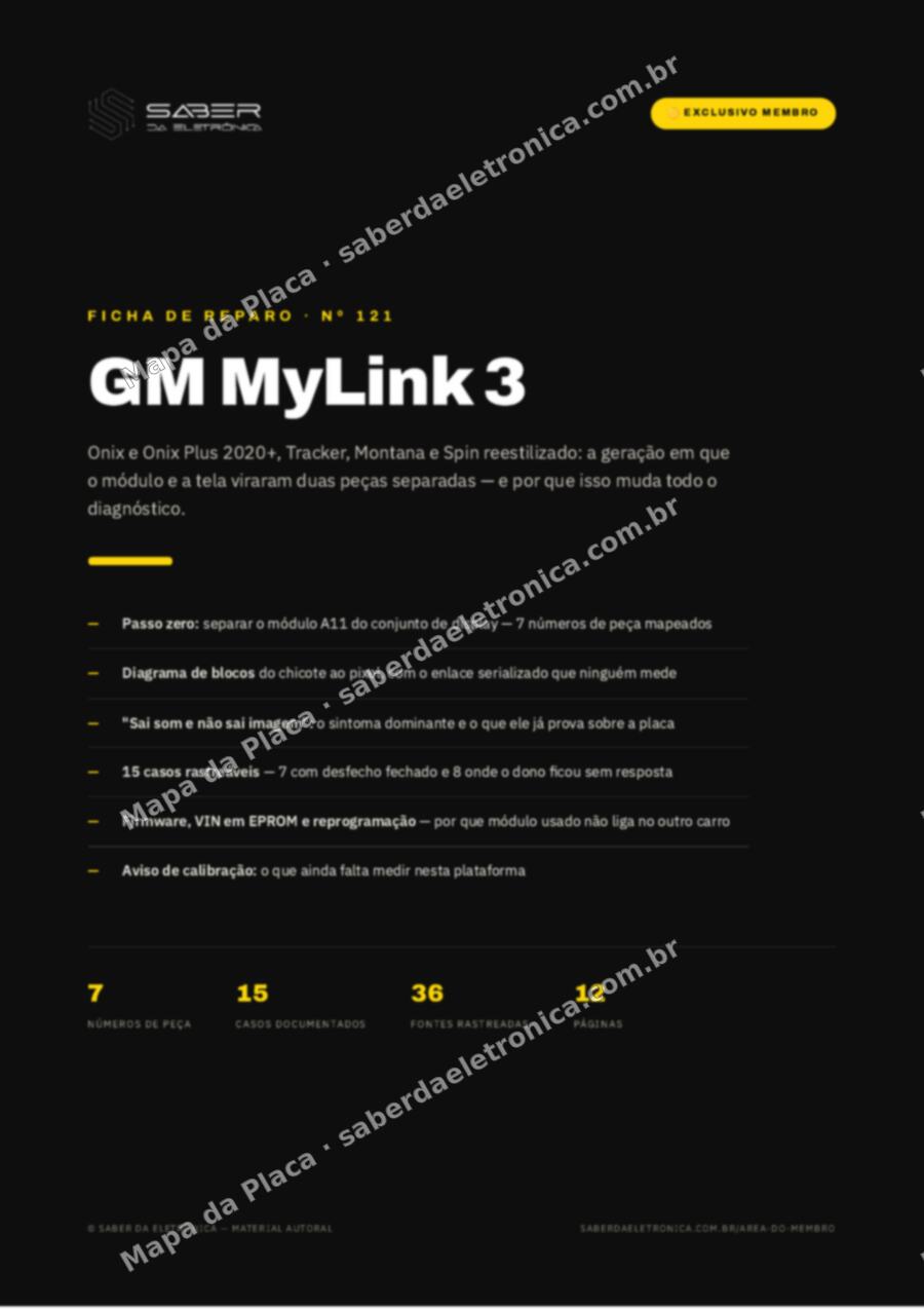 Capa da Ficha de Reparo Nº 121: GM MyLink 3 — Onix e Onix Plus 2020+, Tracker, Montana — Ficha de Reparo da placa