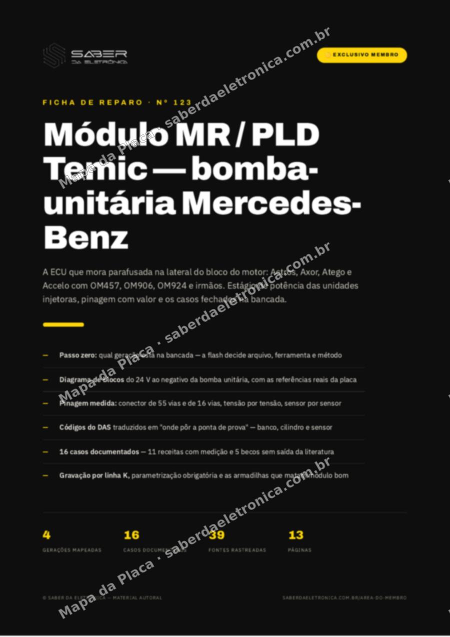 Capa da Ficha de Reparo Nº 123: Módulo MR / PLD Temic (bomba-unitária) — Mercedes-Benz Actros, Axor, Atego, Accelo, OM457/OM906/OM924 — Ficha de Reparo da placa