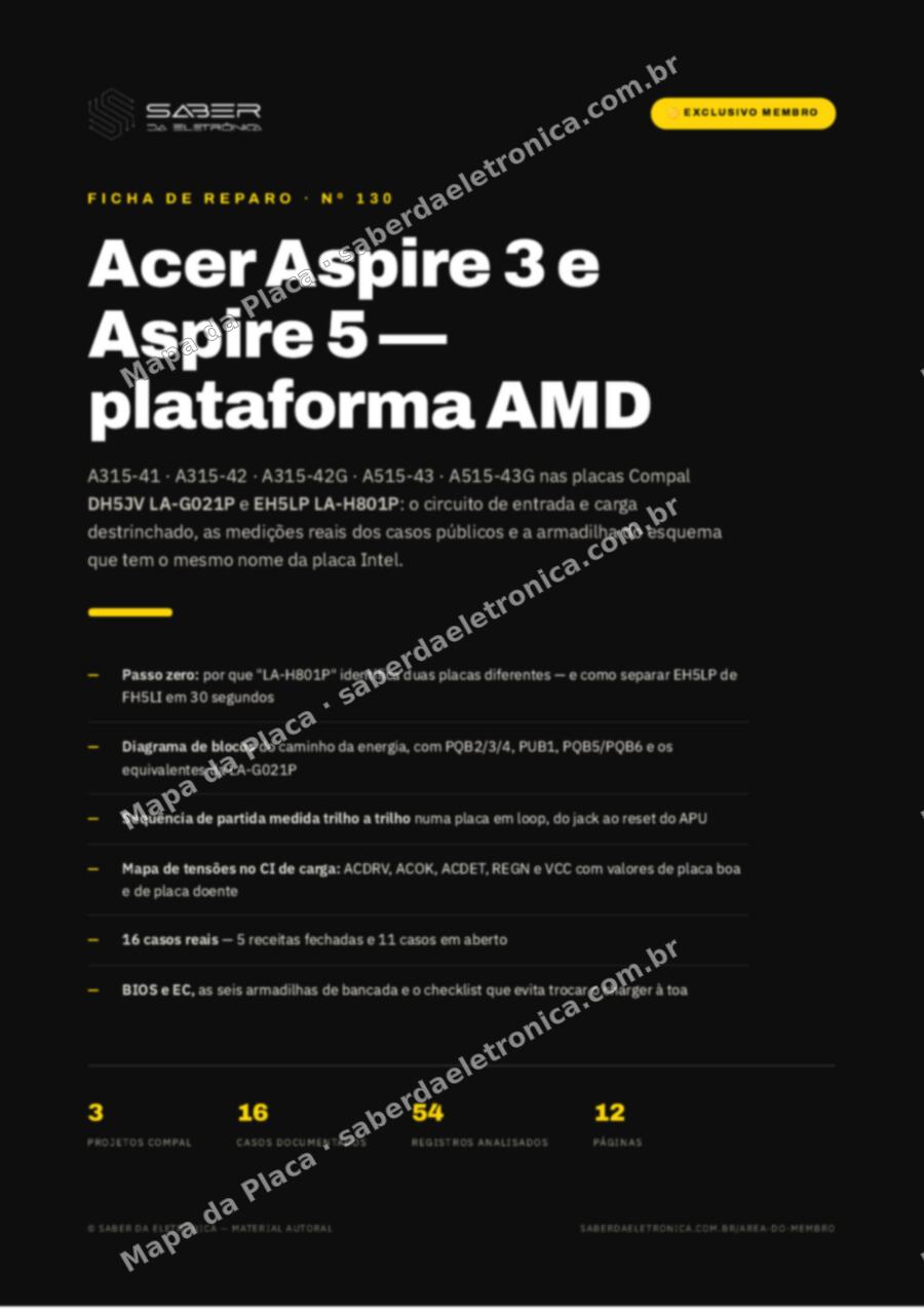 Capa da Ficha de Reparo Nº 130: Acer Aspire 3 A315-41 / A315-42 / A315-42G e Aspire 5 A515-43 / A515-43G — plataforma AMD (Compal DH5JV LA-G021P · EH5LP LA-H801P) — Ficha de Reparo da placa