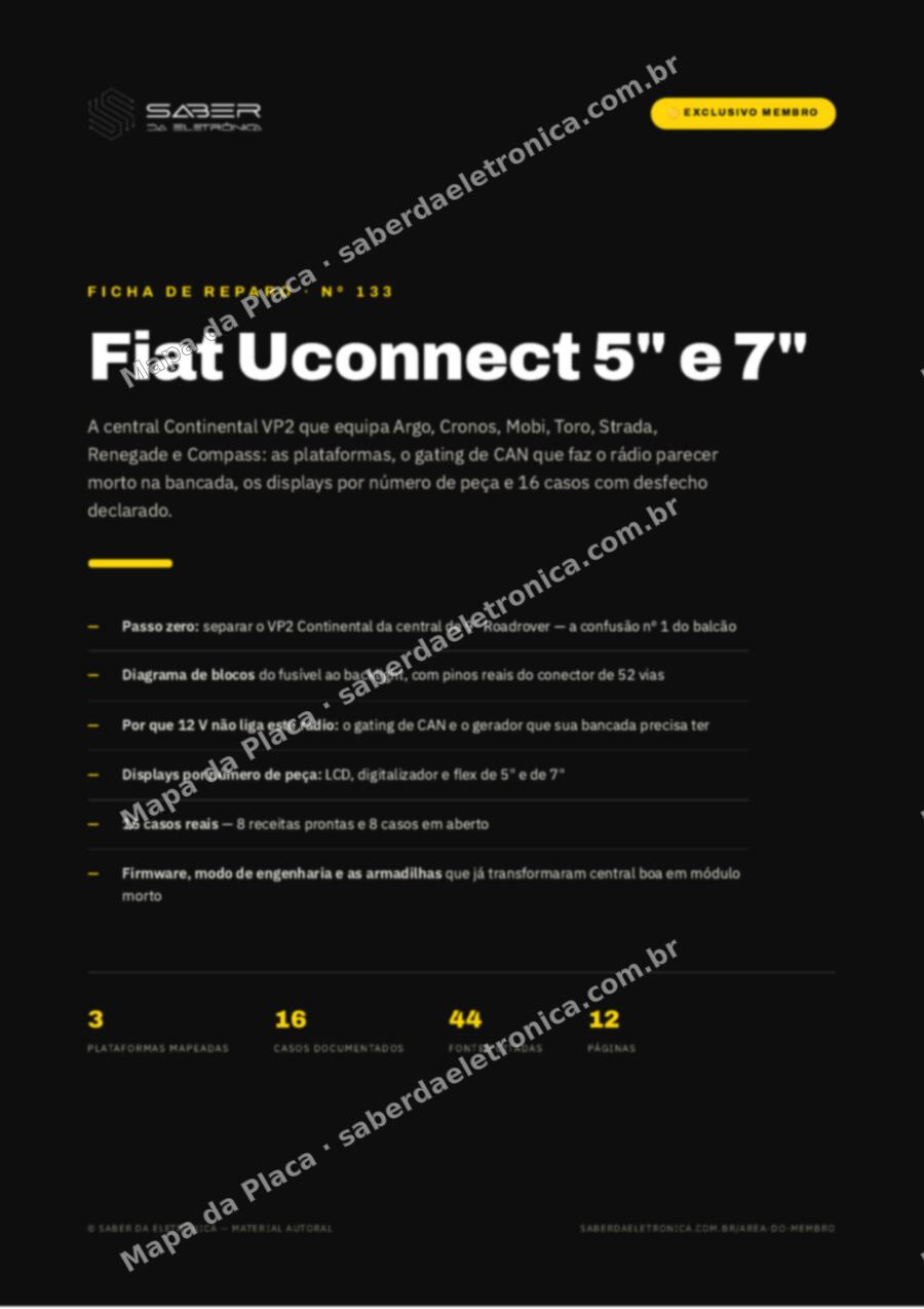 Capa da Ficha de Reparo Nº 133: Fiat Uconnect 5″ e 7″ — Argo, Cronos, Mobi, Toro, Strada, Renegade e Compass — Ficha de Reparo da placa