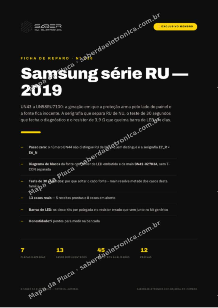 Capa da Ficha de Reparo Nº 136: Samsung série RU (2019) — UN43 / UN50 / UN55 / UN58RU7100 — Ficha de Reparo da placa