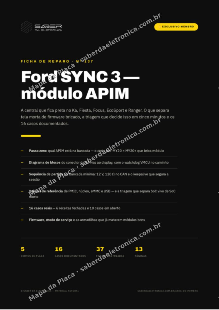 Capa da Ficha de Reparo Nº 137: Ford SYNC 3 / módulo APIM — Ka, Fiesta, Focus, EcoSport e Ranger — Ficha de Reparo da placa