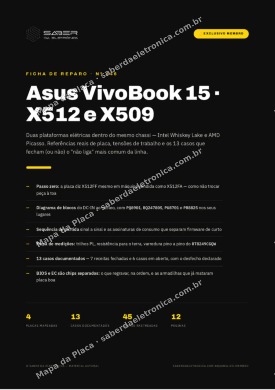 Capa da Ficha de Reparo Nº 146: Asus VivoBook 15 Intel/AMD série X512 e X509 (X512FA · X512FF · X512DA · X509FA · X509DA) — Ficha de Reparo da placa