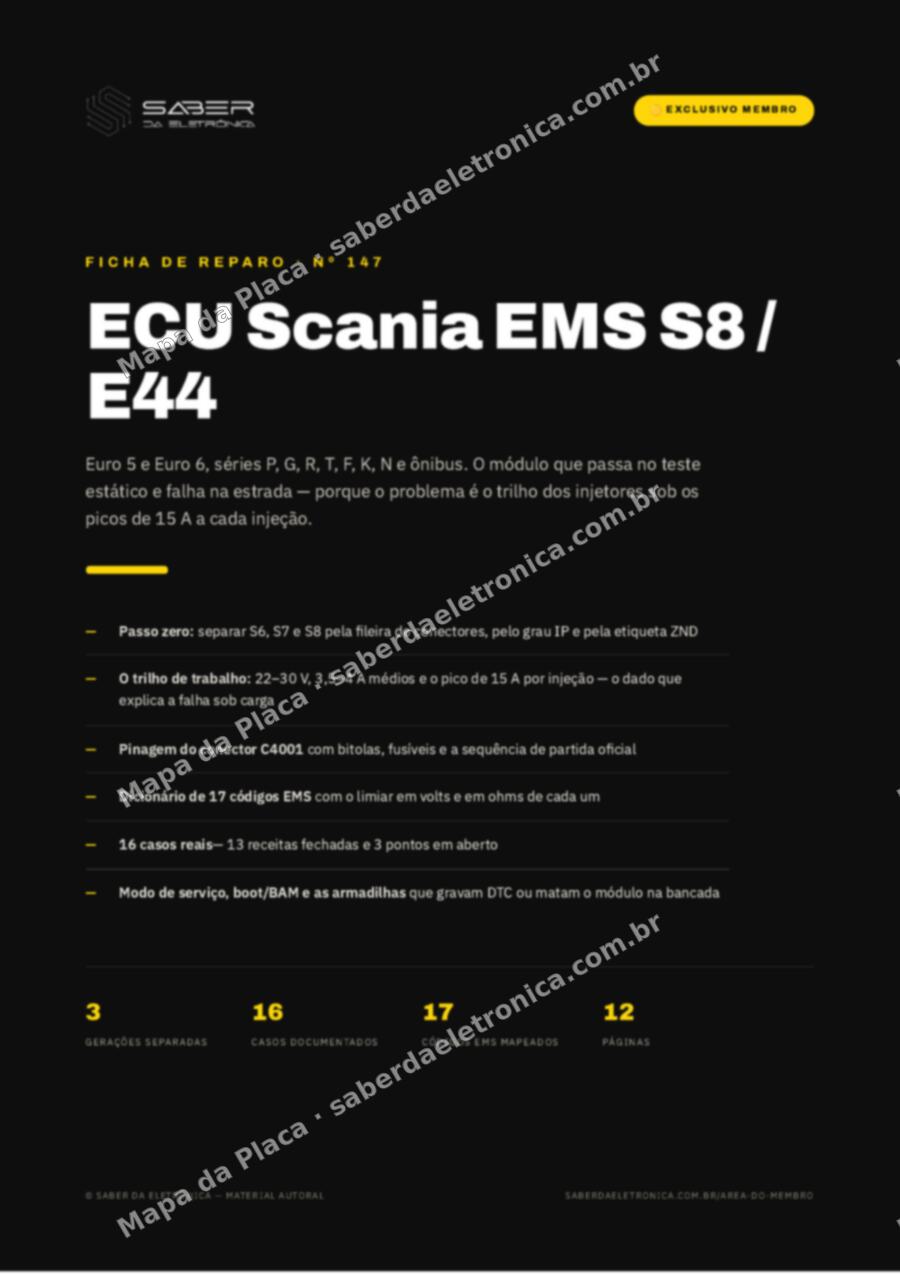 Capa da Ficha de Reparo Nº 147: ECU Scania EMS S8 / E44 (Euro 5) — P, G, R e ônibus — Ficha de Reparo da placa