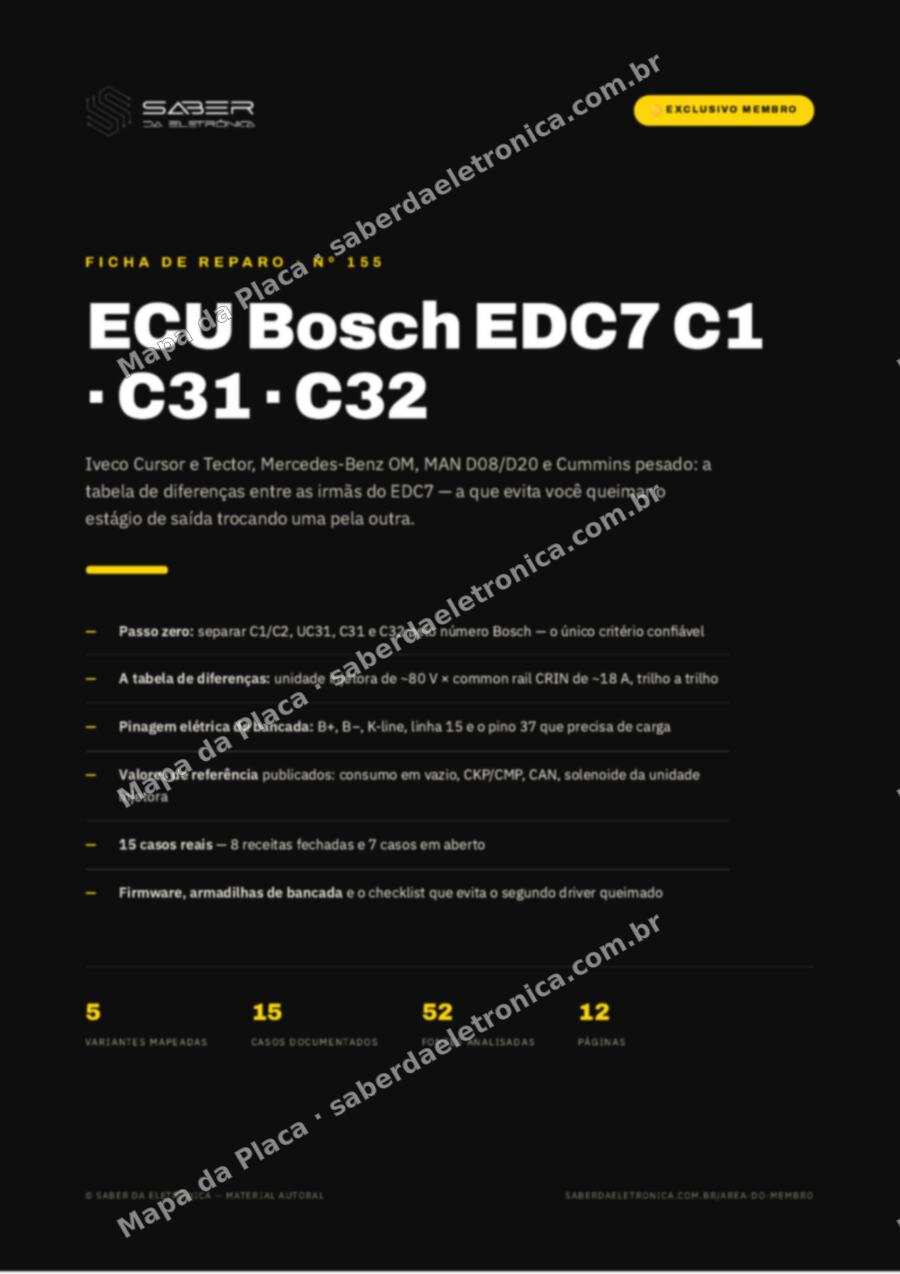 Capa da Ficha de Reparo Nº 155: ECU Bosch EDC7 C1 / C31 / C32 — Iveco Cursor (Stralis), Mercedes-Benz OM, Cummins pesado — Ficha de Reparo da placa