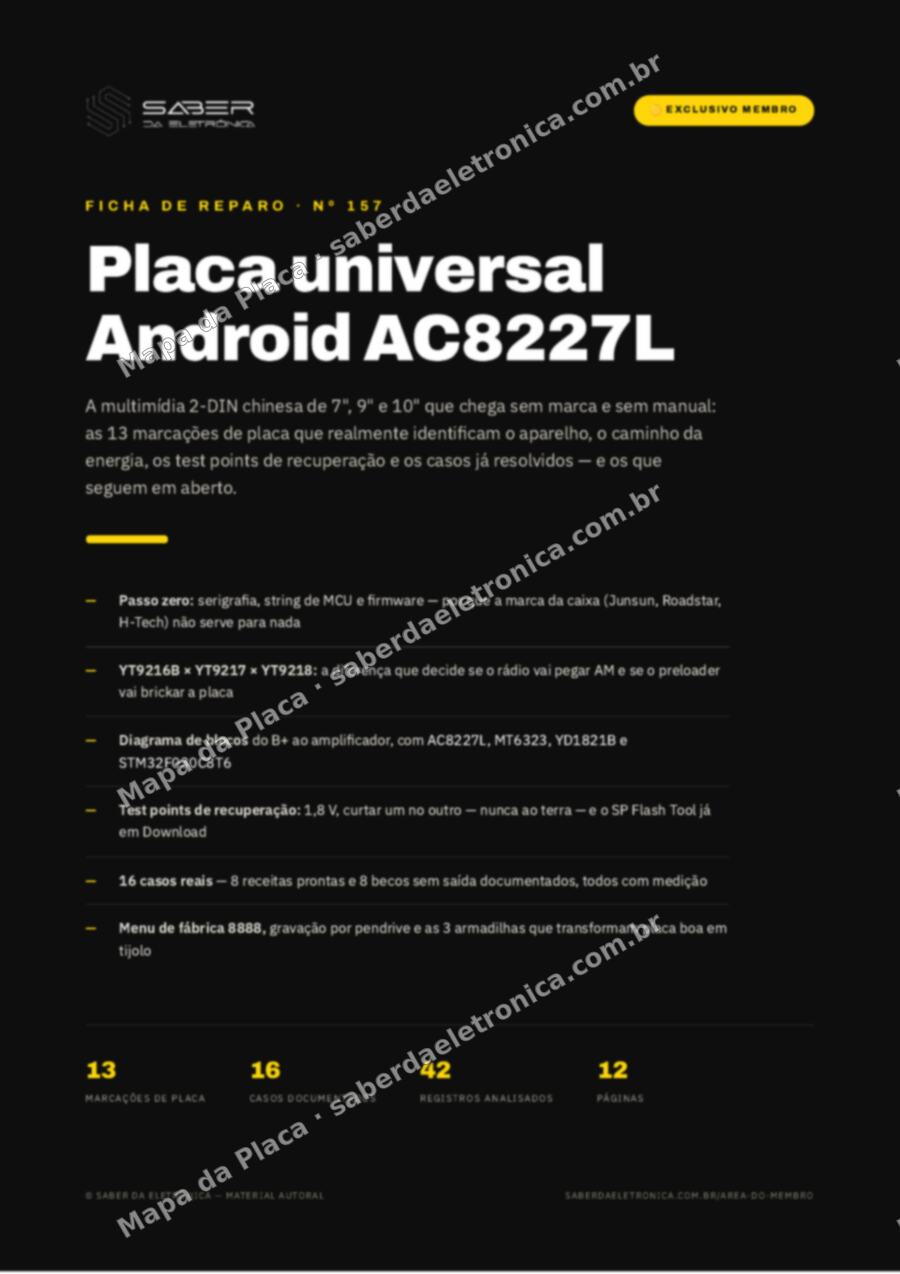 Capa da Ficha de Reparo Nº 157: Placa universal Android AC8227L (YT9216 / YT9217 / YT9218) — 2-DIN chinesa 7″, 9″ e 10″ — Ficha de Reparo da placa
