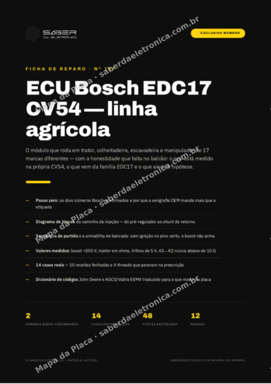 Capa da Ficha de Reparo Nº 167: ECU Bosch EDC17 CV54 — linha agrícola e fora-de-estrada (Valtra, John Deere, New Holland, Komatsu) — Ficha de Reparo da placa