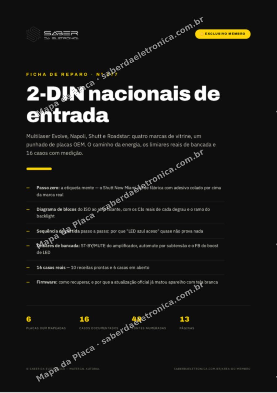 Capa da Ficha de Reparo Nº 177: 2-DIN nacionais de entrada — Multilaser Evolve, Napoli, Shutt e Roadstar — Ficha de Reparo da placa