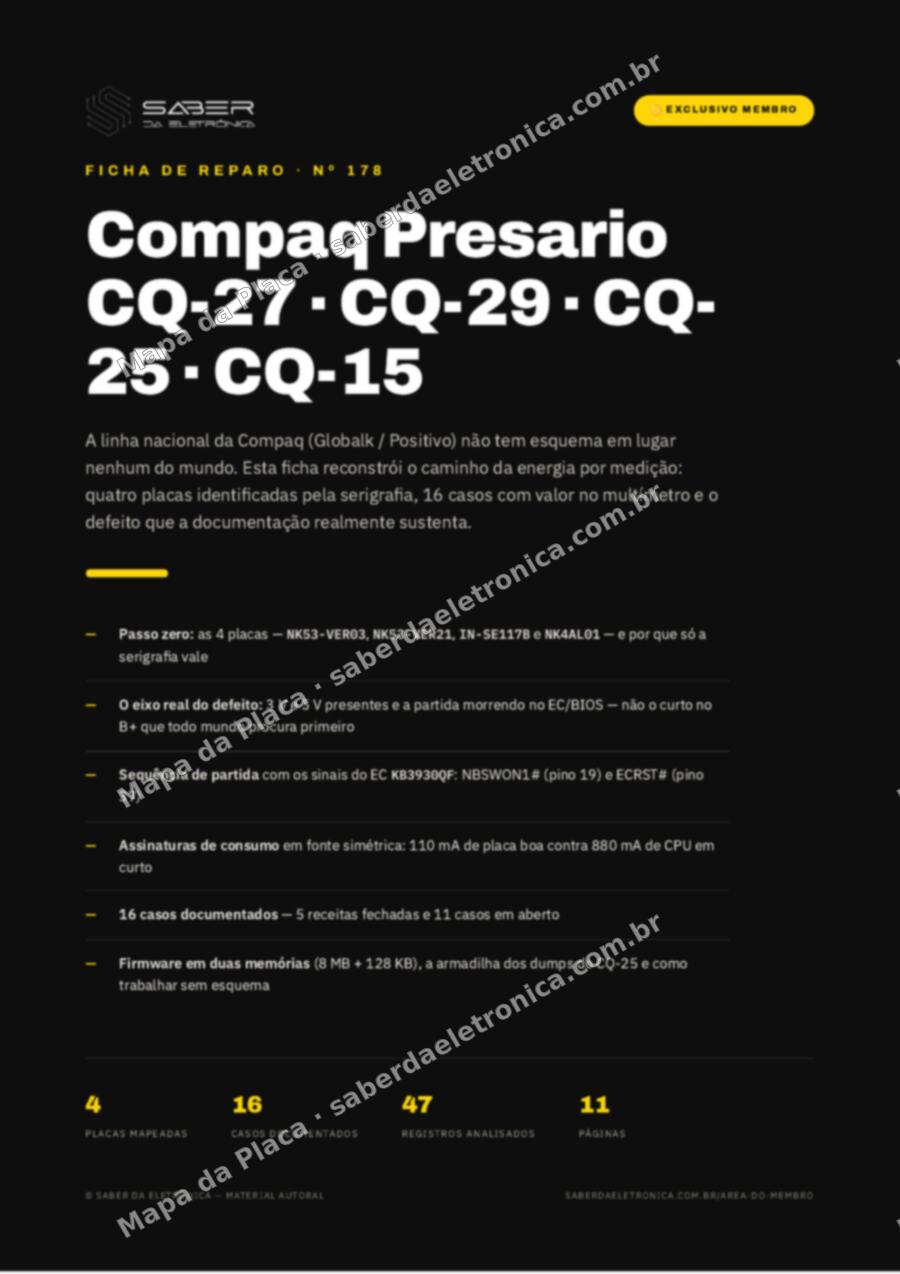 Capa da Ficha de Reparo Nº 178: Compaq Presario CQ-27 / CQ-25 / CQ-29 / CQ-15 (linha nacional Positivo-Globalk) — Ficha de Reparo da placa