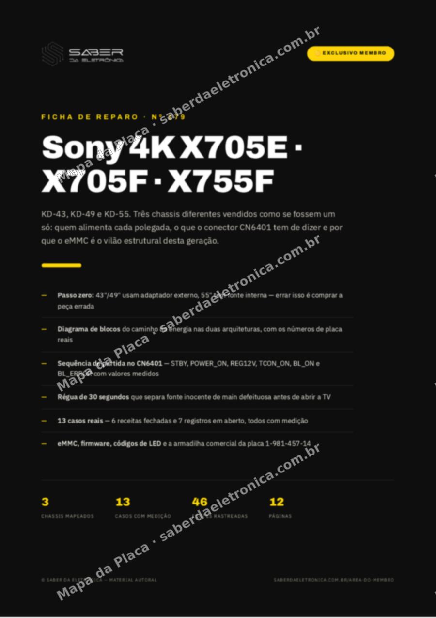 Capa da Ficha de Reparo Nº 179: Sony 4K X705E / X705F / X755F — KD-43 / 49 / 55 — Ficha de Reparo da placa