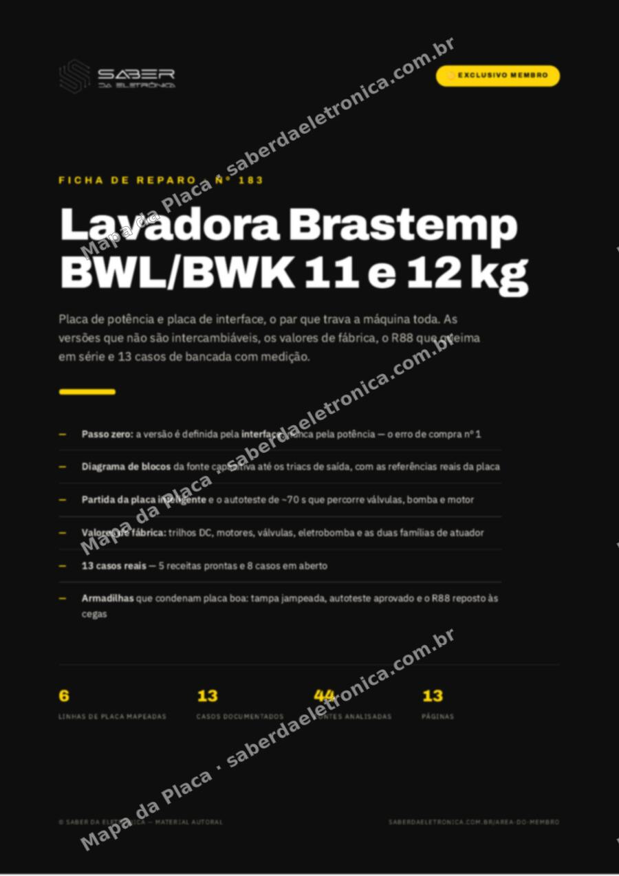 Capa da Ficha de Reparo Nº 183: Lavadora Brastemp BWL/BWK 11 e 12 kg — placa de potência e interface — Ficha de Reparo da placa