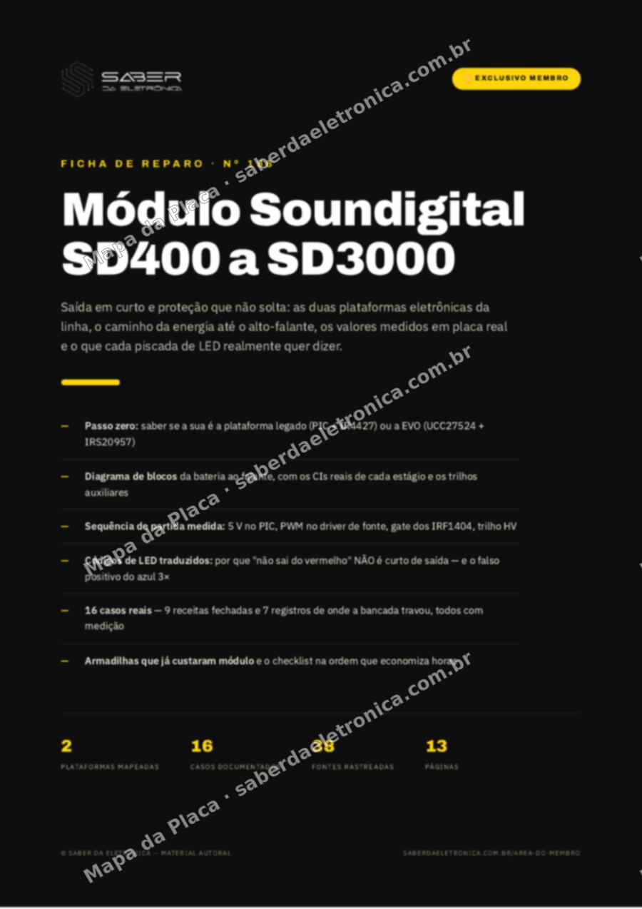 Capa da Ficha de Reparo Nº 186: Módulo Soundigital SD400 a SD3000 — saída em curto e proteção — Ficha de Reparo da placa