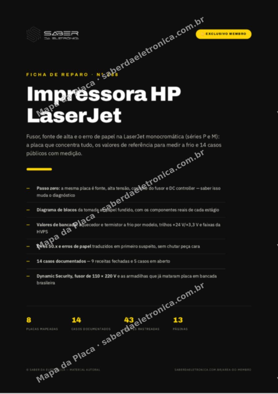 Capa da Ficha de Reparo Nº 188: Impressora HP LaserJet — fusor, fonte de alta e o erro de papel — Ficha de Reparo da placa