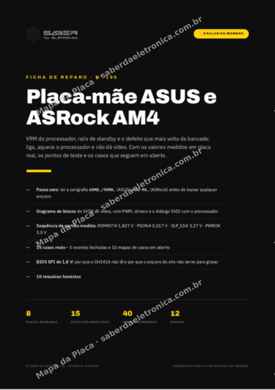 Capa da Ficha de Reparo Nº 190: Placa-mãe ASUS e ASRock AM4 — VRM, standby e o não dá vídeo — Ficha de Reparo da placa