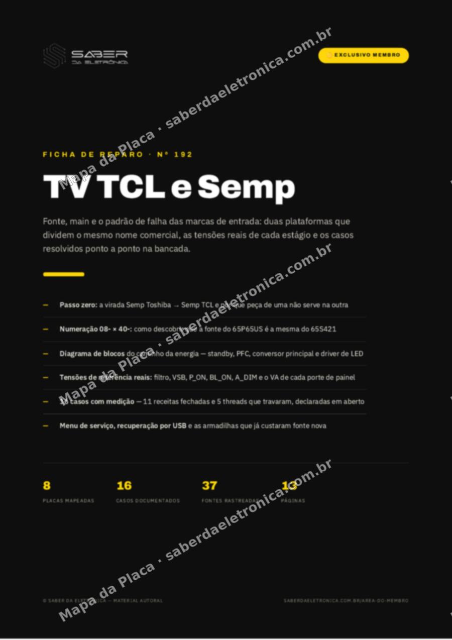 Capa da Ficha de Reparo Nº 192: TV TCL e Semp — fonte, main e o padrão das marcas de entrada — Ficha de Reparo da placa