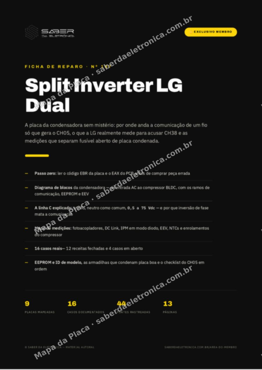 Capa da Ficha de Reparo Nº 197: Split Inverter LG Dual — placa da condensadora e códigos CH05/CH38 — Ficha de Reparo da placa