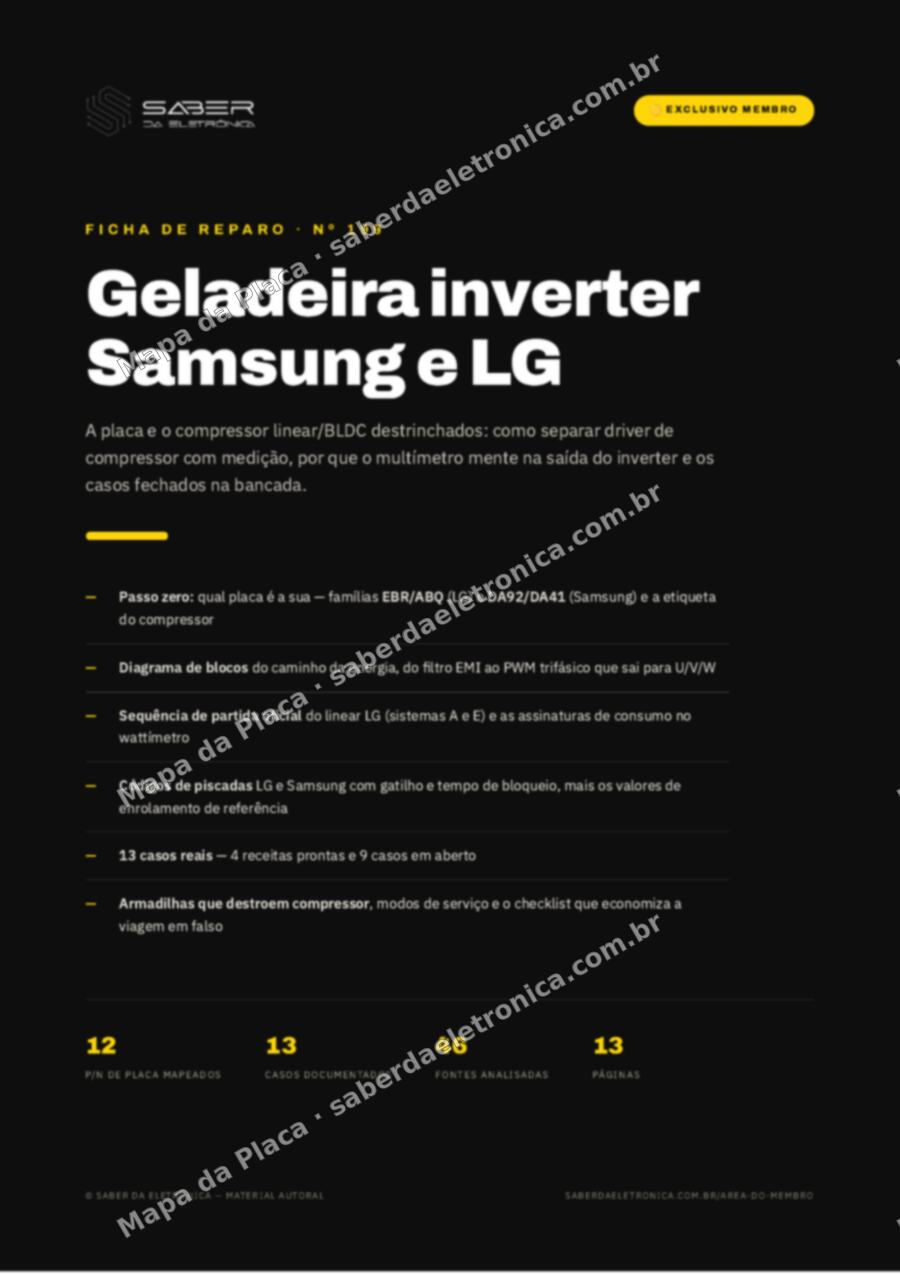Capa da Ficha de Reparo Nº 199: Geladeira inverter Samsung e LG — placa e o compressor linear/BLDC — Ficha de Reparo da placa