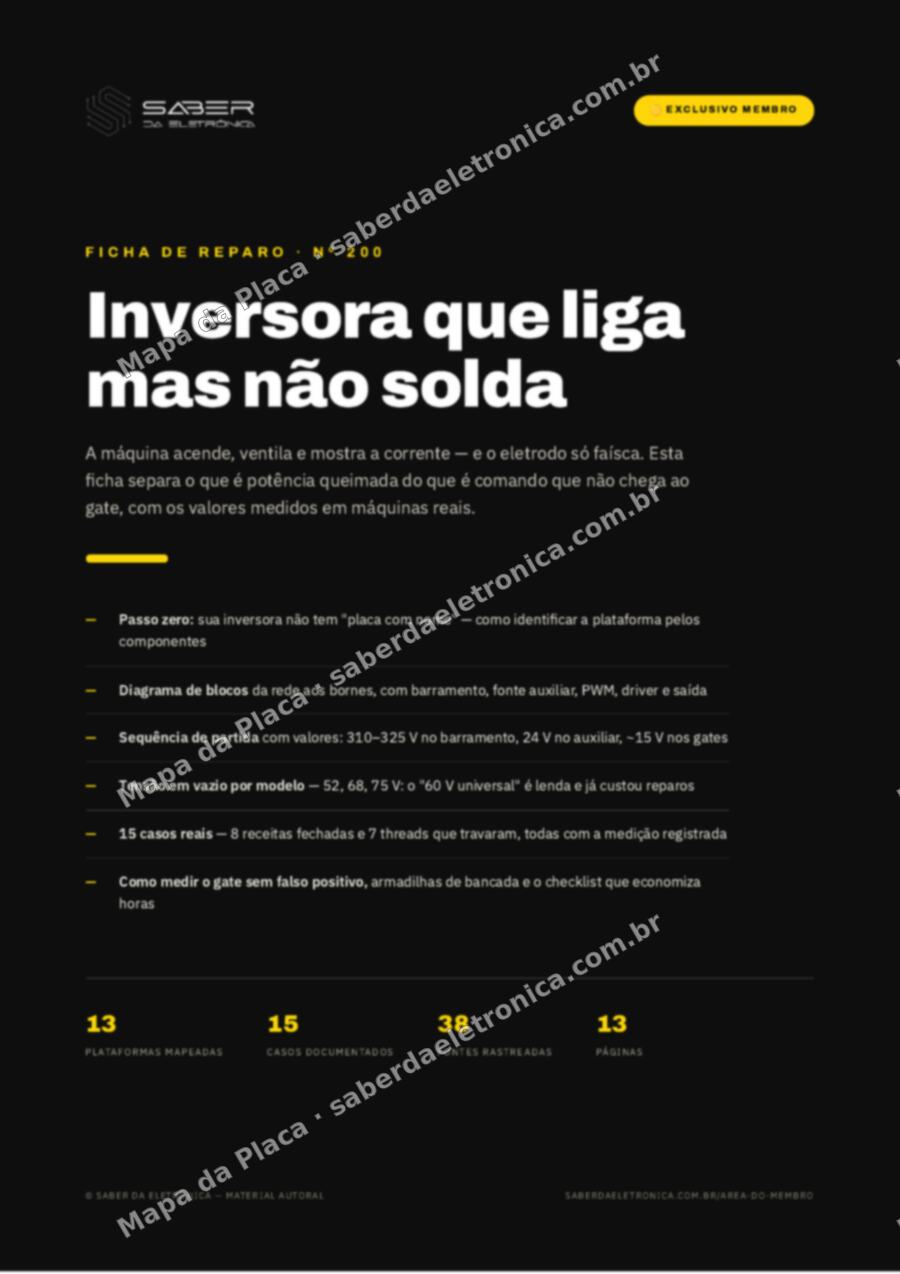 Capa da Ficha de Reparo Nº 200: Inversora de solda que liga mas não solda — do arco à saída de corrente — Ficha de Reparo da placa